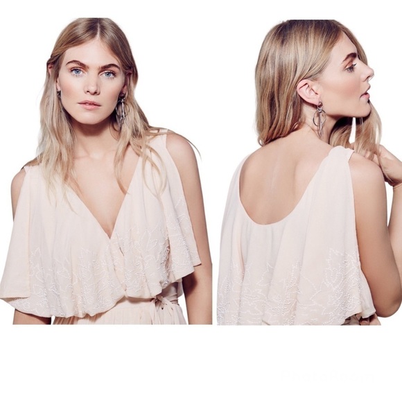 Free People Peach Sylvia Embroidered Beaded Wrap Mini Evening Dress - Picture 4 of 17